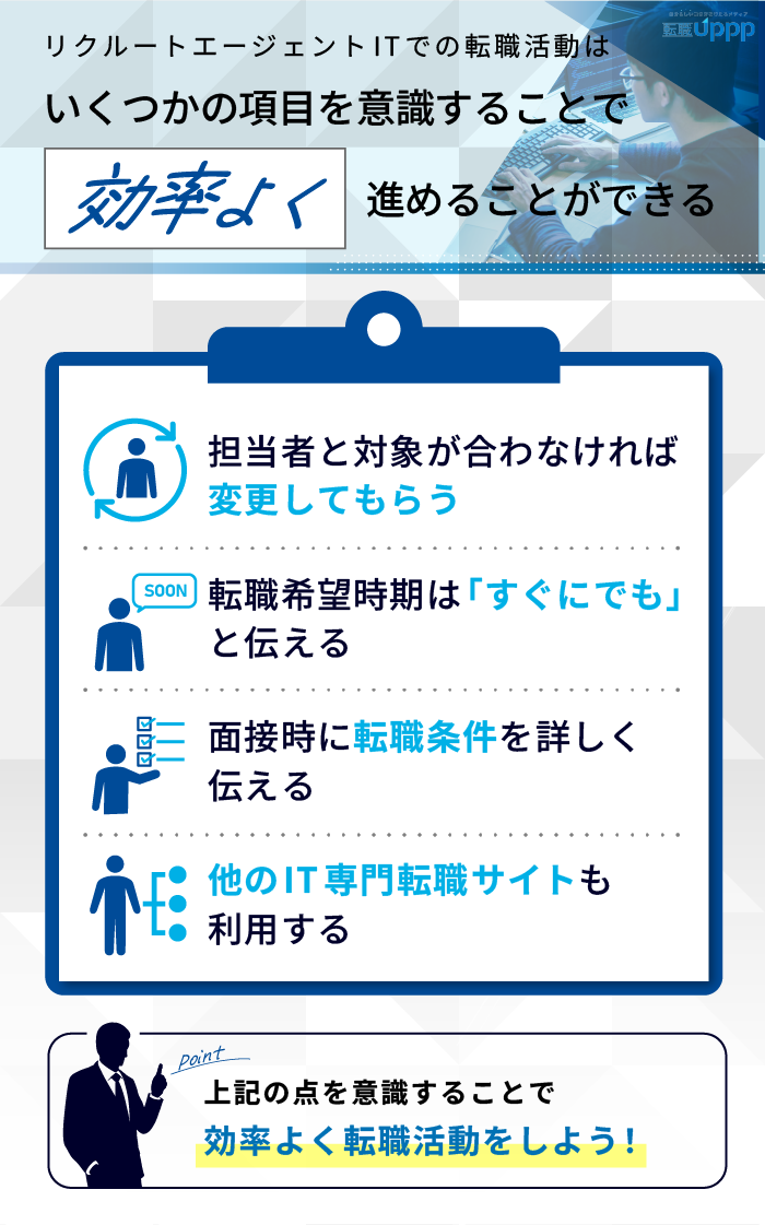 リクルートエージェントITでの転職活動は、いくつかの項目を意識することで、効率よく進めることができる
