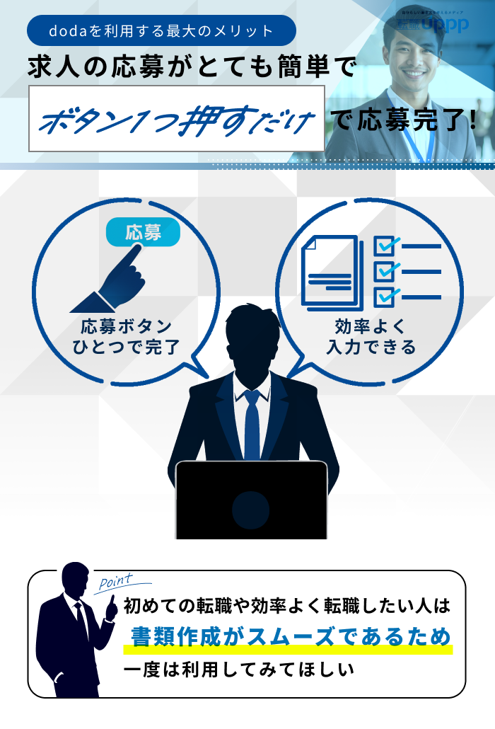 dodaを利用する最大のメリット。求人の応募がとても簡単でボタン1つ押すだけで応募完了！