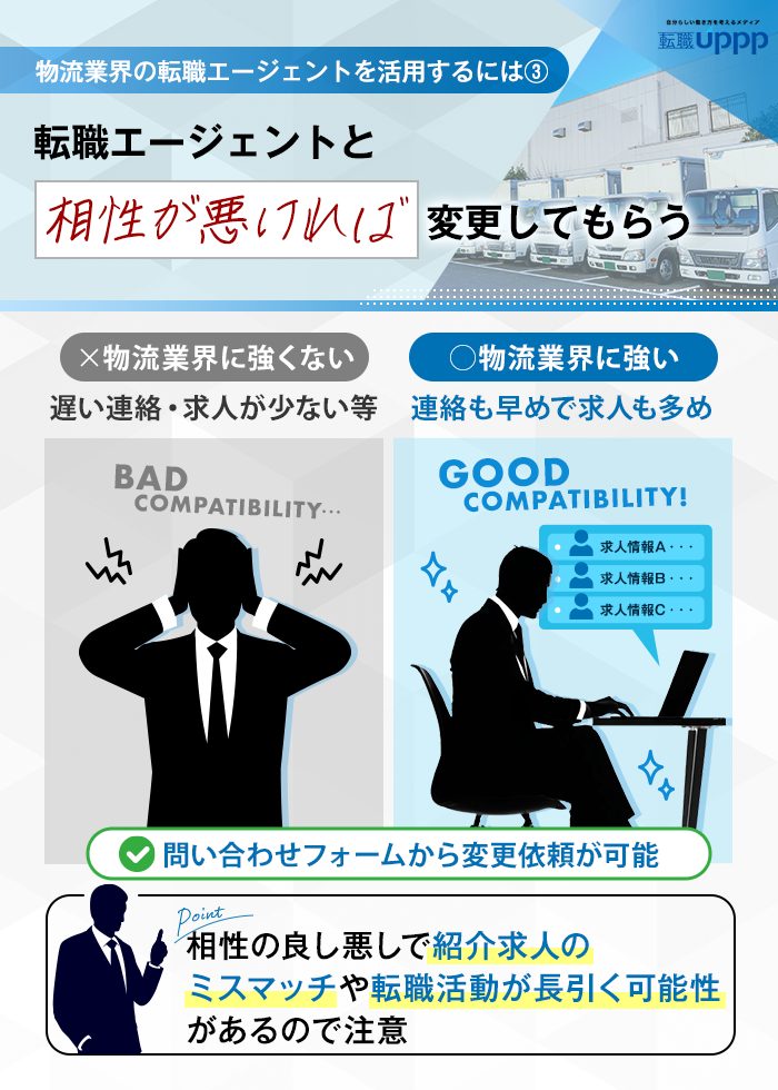 物流業界の転職エージェントを活用するには３：転職エージェントと相性が悪ければ変更してもらう