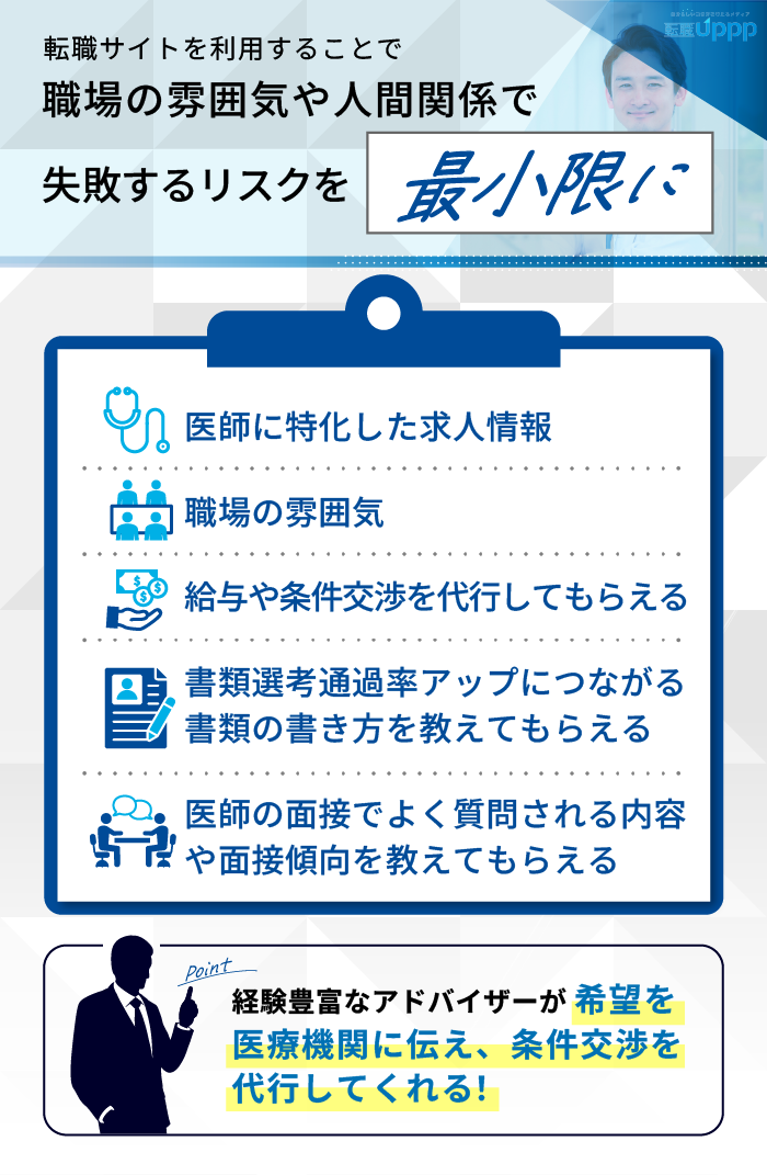 転職サイトを利用することで、職場の雰囲気や人間関係で失敗するリスクを最小限にできる。